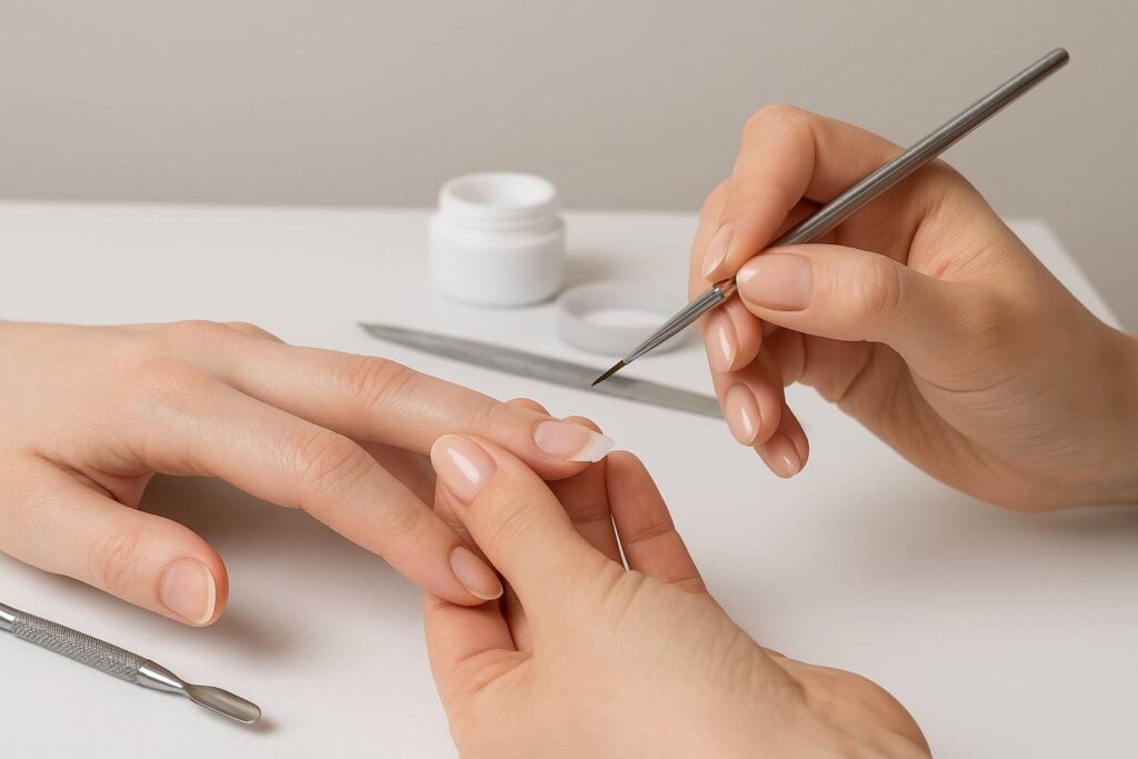 Prestations Réparation d’un ongle cassé avec soin, jusqu’à trois ongles maximum, en institut de manucure.
