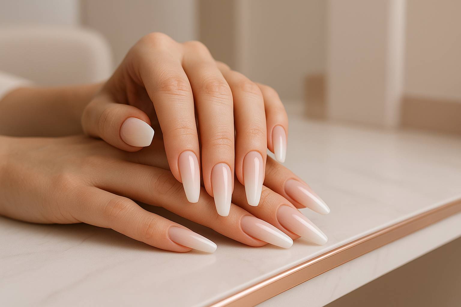 Prestations Pose complète sur ongles nus avec chablon, finition en vernis semi-permanent ou baby boomer.