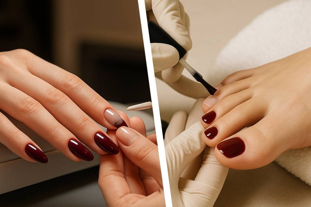 Prestations Application d’un vernis semi-permanent sur les ongles de pieds après un remplissage des ongles des mains