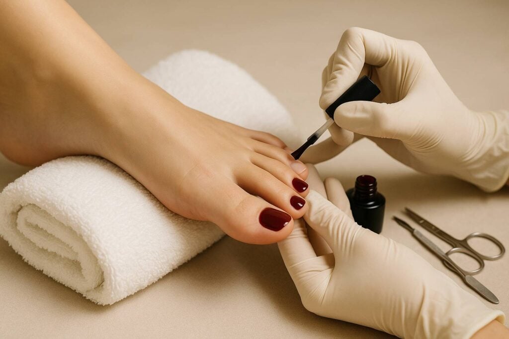 Prestations Pose de vernis semi-permanent sur les ongles de pieds, avec option de prothèse si nécessaire.